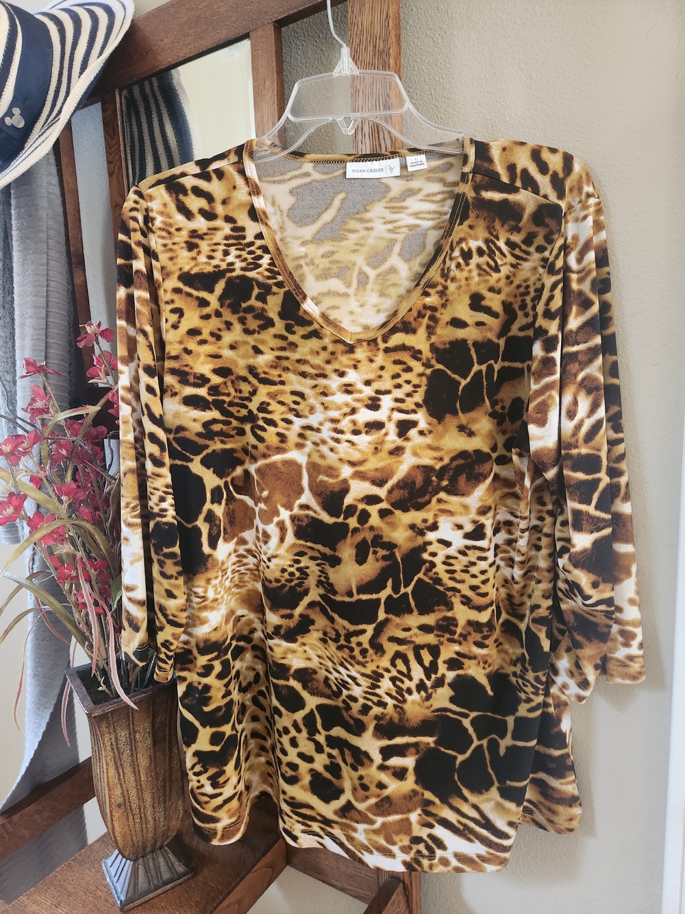 Susan Graver Long Sleeve V-Neck Animal Print Top - Brown/Black/Gold